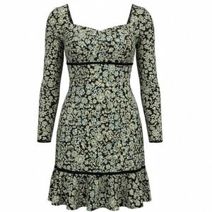 Free People Boheme Floral Mini Dress Women Sz 0  Black Boho Babydoll Long Sleeve